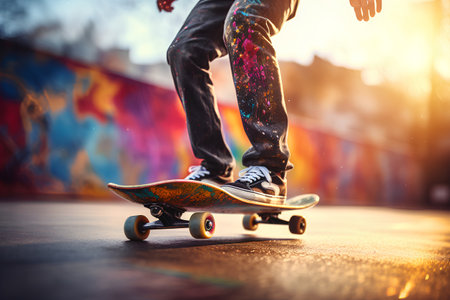 Skateboarder riding on a skateboard at the skateparkの素材