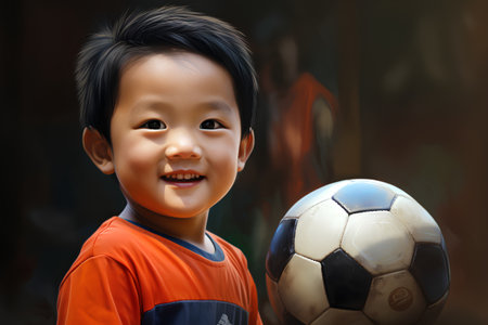 Little asian boy with soccer ball in his hand. 3d illustrationの素材