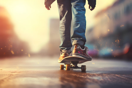 Skateboarder riding on a skateboard on a city streetの素材