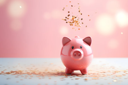 Piggy bank with falling golden confetti on a pink backgroundの素材