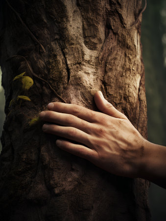 Hands of a young woman hugging a tree in the forest.の素材