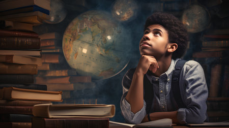 Portrait of a thoughtful african american boy sitting at the table with a pile of books and a globe in the backgroundの素材