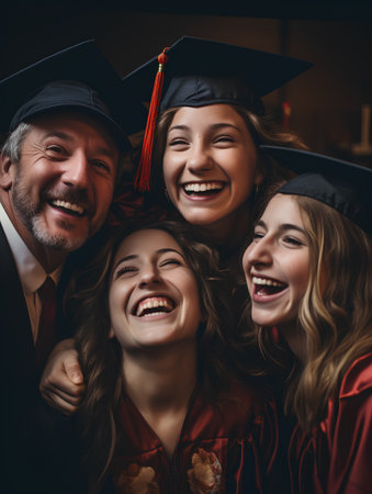 Portrait of a group of happy students in graduation gowns and caps.の素材