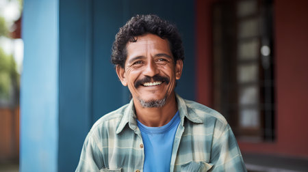 Portrait of happy senior man smiling at the camera in the streetの素材