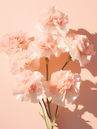 Carnation flower bouquet on pastel pink background. Flat lay, top view.の素材