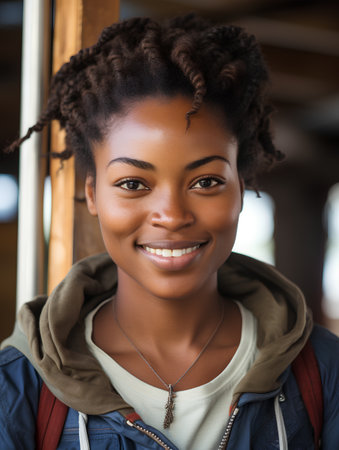 portrait of smiling african american young woman at bus stopの素材