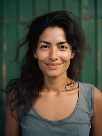 Portrait of a beautiful young woman smiling at the camera on a green backgroundの素材