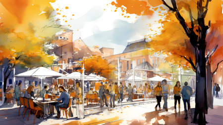 People walking on the street in Venice, Italy. Digital watercolor painting.の素材