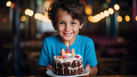 Cute little boy holding a birthday cake with candles in a cafeの素材