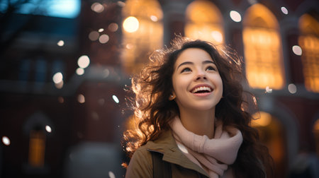 Portrait of a happy young woman on the background of the cityの素材