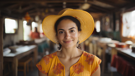 Portrait of a beautiful young woman in a yellow dress and a straw hatの素材