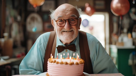 Elderly man is celebrating his birthday with a cake. He is looking at the camera and smiling.の素材