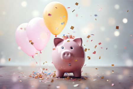 Piggy bank with balloons and confetti on bokeh backgroundの素材