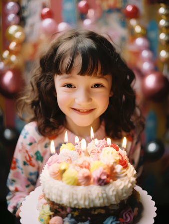 Cute little girl with birthday cake and candles on the background of colorful balloonsの素材