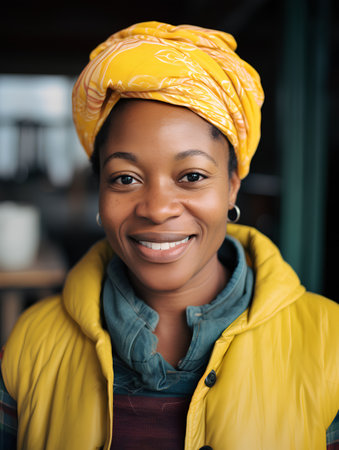 Portrait of smiling african woman in yellow jacket and headscarfの素材