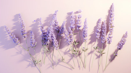 Lavender flowers on pastel background. Flat lay, top viewの素材