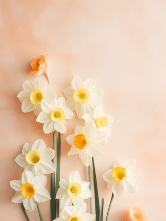 Creative layout made of daffodils on pastel background. Flat lay, top view, copy spaceの素材
