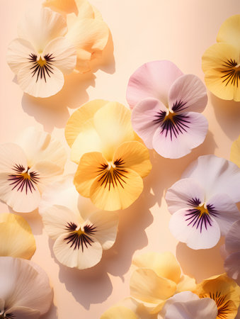 Colorful pansy flowers on pastel background. Flat lay, top viewの素材