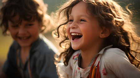 Portrait of a smiling little girl with her brother on the backgroundの素材