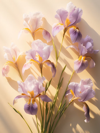 Bouquet of irises on a beige background. Flat lay, top view.の素材