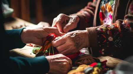 Closeup of an old woman hands weaving a woolen thread with her granddaughterの素材