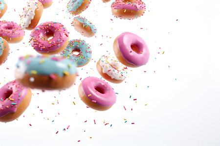 Flying donuts with sprinkles isolated on white background. 3d illustrationの素材