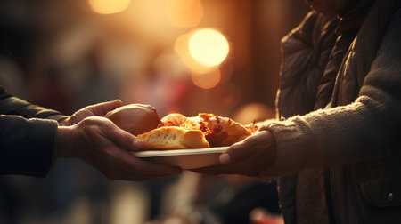 Close-up of man eating croissant on the street.の素材