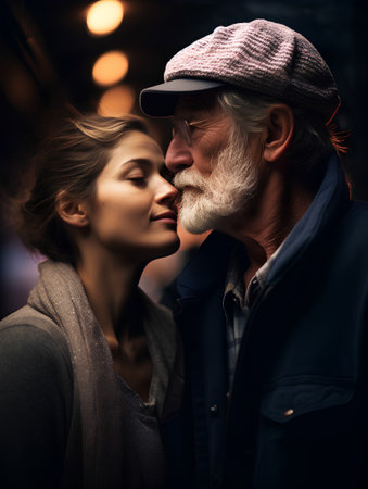 Couple in love. Close up portrait of a loving senior man and woman embracing and kissing.の素材