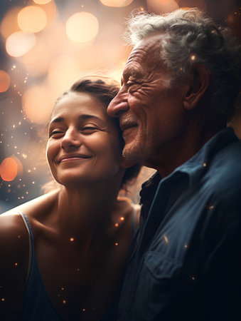 Portrait of happy senior couple hugging and looking at each other over bokeh backgroundの素材