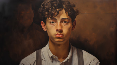 Portrait of a handsome young man with curly hair in a white shirtの素材