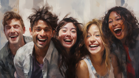 Group of happy people laughing and looking at camera. Digital painting.の素材