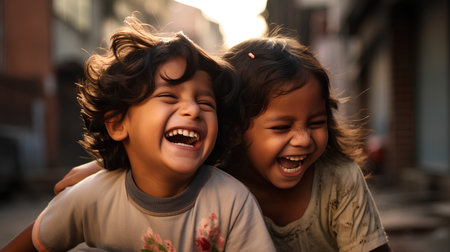 Portrait of two little girls laughing and laughing together in the cityの素材