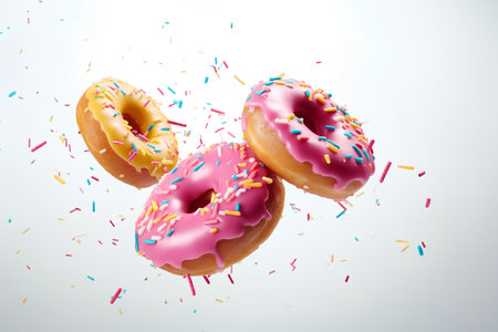 Flying donuts with colorful sprinkles isolated on white background. 3d illustrationの素材