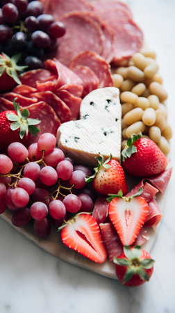 Antipasto platter with ham, cheese, grapes, nuts and strawberriesの素材