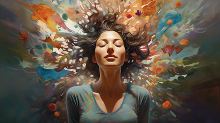 Portrait of a beautiful young woman with closed eyes on abstract backgroundの素材