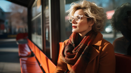 Portrait of a beautiful woman in glasses and a red scarf.の素材