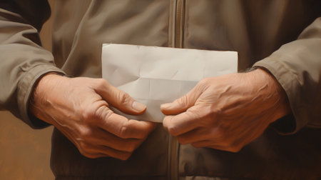 Hands of a man in a brown jacket holding a white envelopeの素材