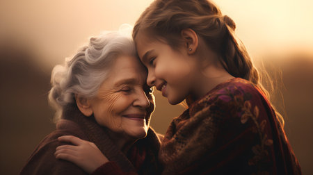 Grandmother and granddaughter. Portrait of a happy grandmother and granddaughter at sunset.の素材