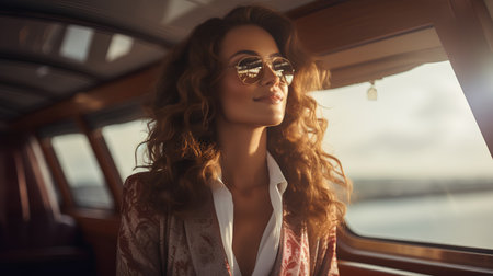 Portrait of a beautiful young woman in sunglasses on a yacht.の素材