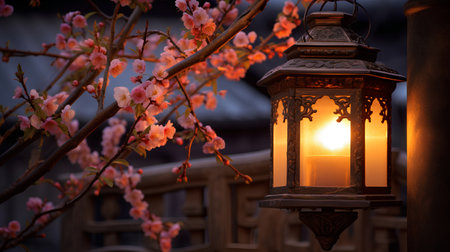 Lantern with cherry blossoms on the background of the house.の素材