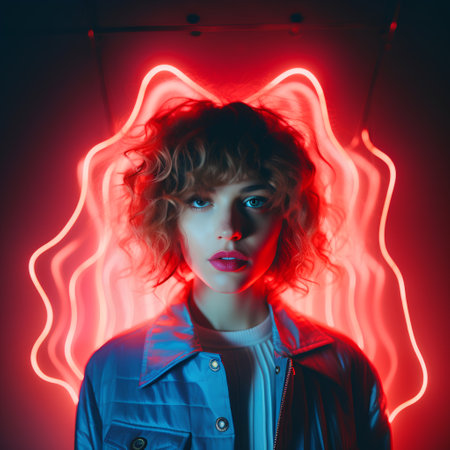 Beautiful young woman with red neon light on her face. Portrait of a girl in a blue jacket.の素材