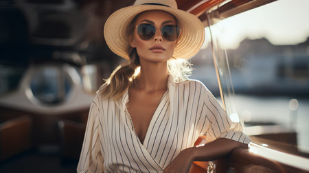 Beautiful young woman in hat and sunglasses on the deck of a yachtの素材