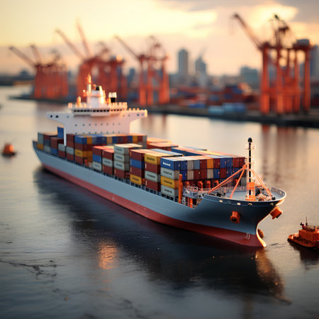 Container Cargo freight ship with working crane bridge for Logistic Import Export backgroundの素材