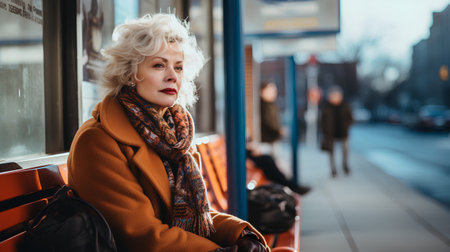 beautiful middle aged woman in beige coat and scarf on the streetの素材