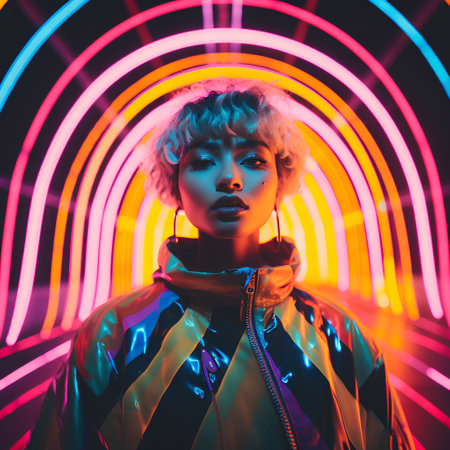Portrait of a beautiful young woman with curly hair in neon light.の素材