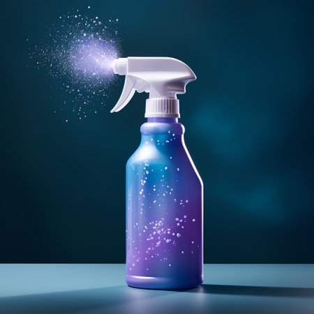 Spray bottle with splashes on blue background. 3d illustrationの素材