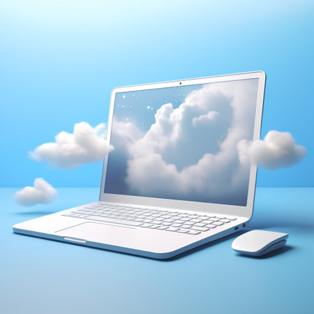Laptop with cloud computing on blue background. 3D illustration.の素材