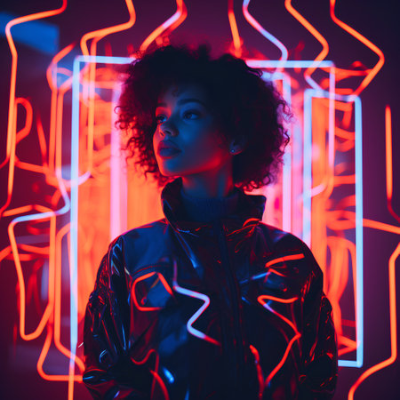 Portrait of young african american woman in neon light.の素材