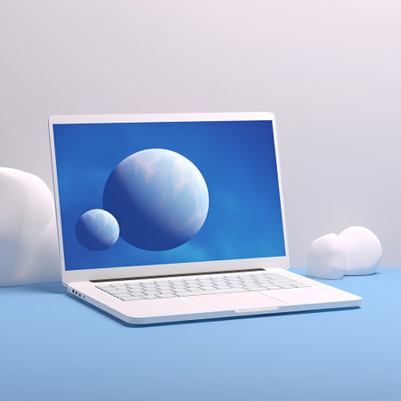 3d render of laptop with planet earth and clouds on blue backgroundの素材