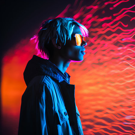 Portrait of a young man with short hair in neon light.の素材